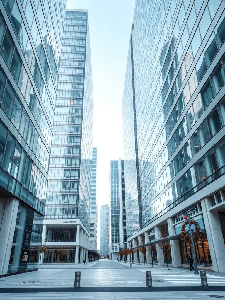 Modern business district, clean architecture, glass building