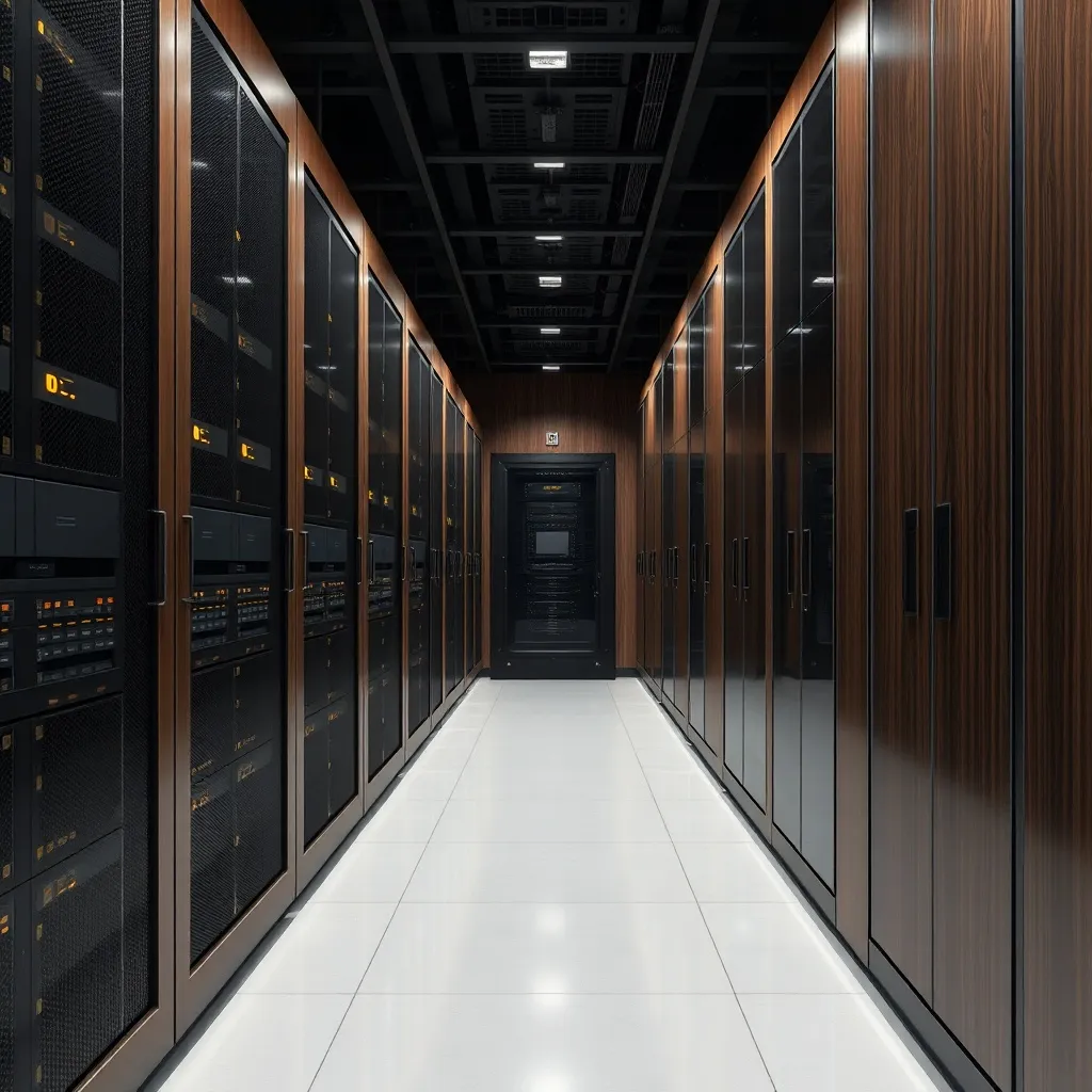 A high-tech server room with clean lines, dark brown wooden